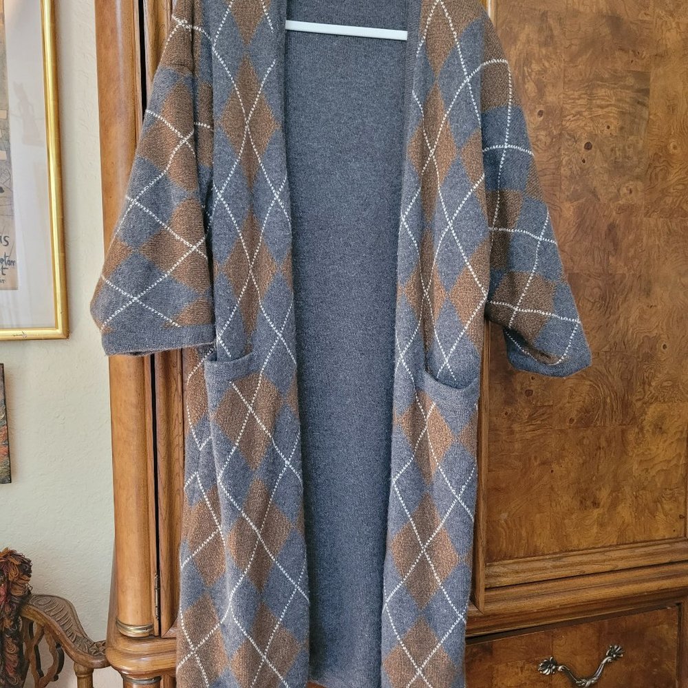 Valentino Boutique Long sweater coat, long sleeve pullover sweaterGrey argyle, S